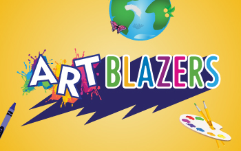 A logo for our Artblazers after-school program on a background with a paint palette and a globe.
